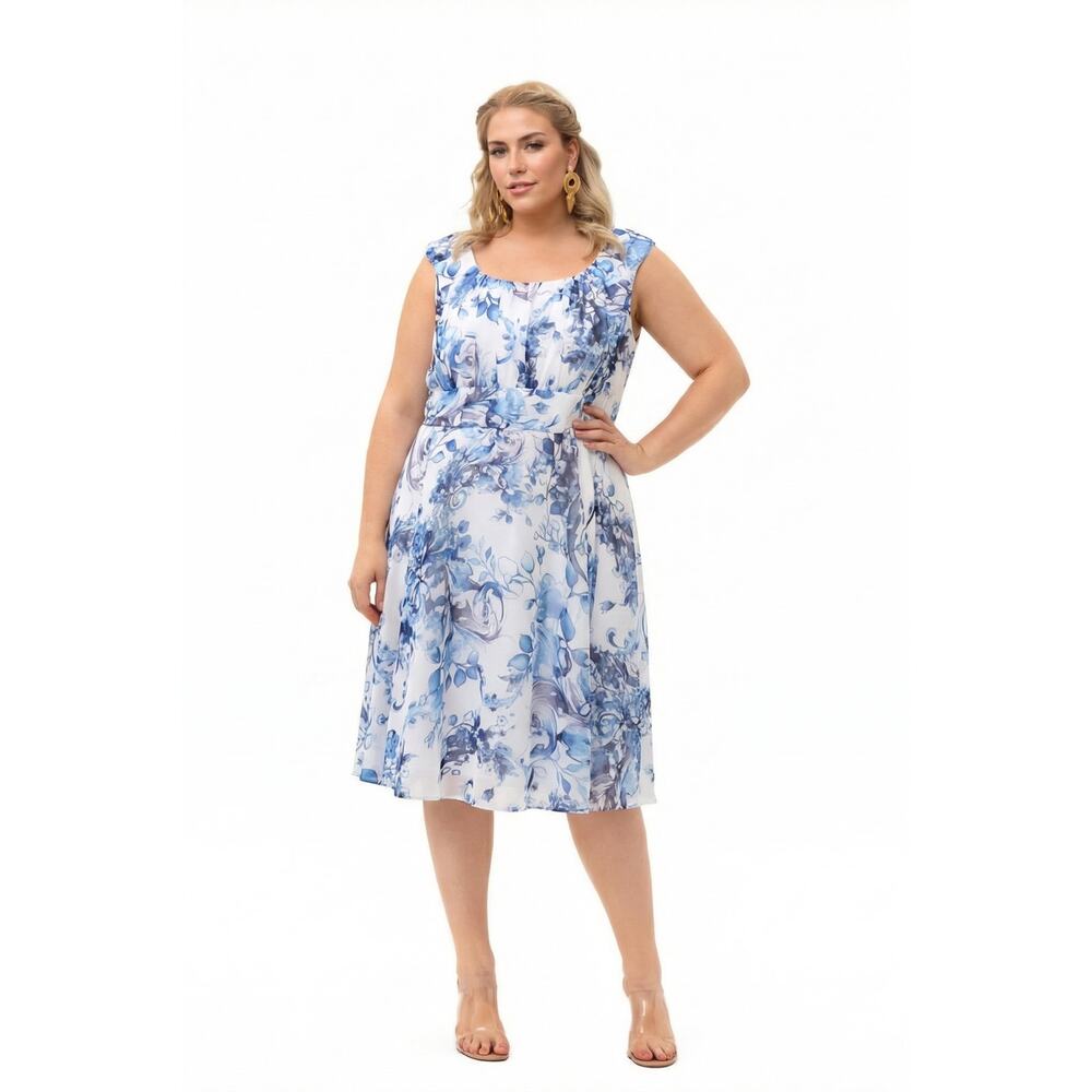Signature by Ella Floral Chiffon Dress 20W Blue White Feminine